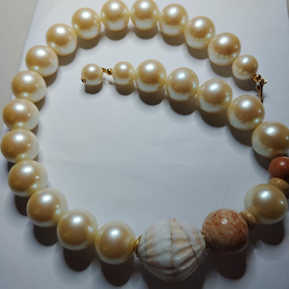 17-Inch Gold-Plated Necklace with Faux Pearls, Stones & Off-Center Focal Stone